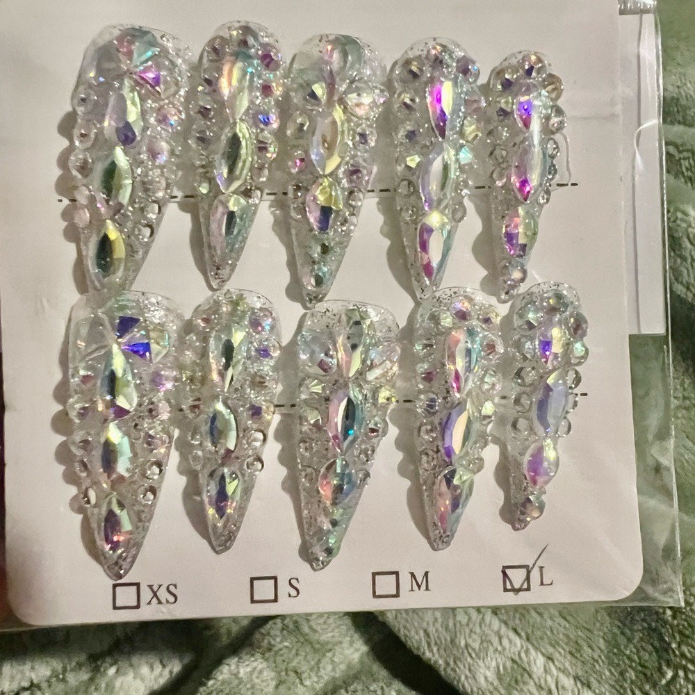 ✨ 10pc Iridescent Rhinestone Press-On Nails - Size L - Glam Long Coffin Set ✨ - Picture 2 of 6